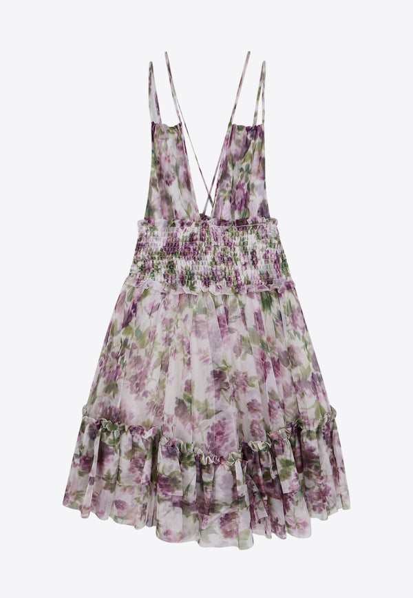 Floral Print V-neck Tulle Mini Dress