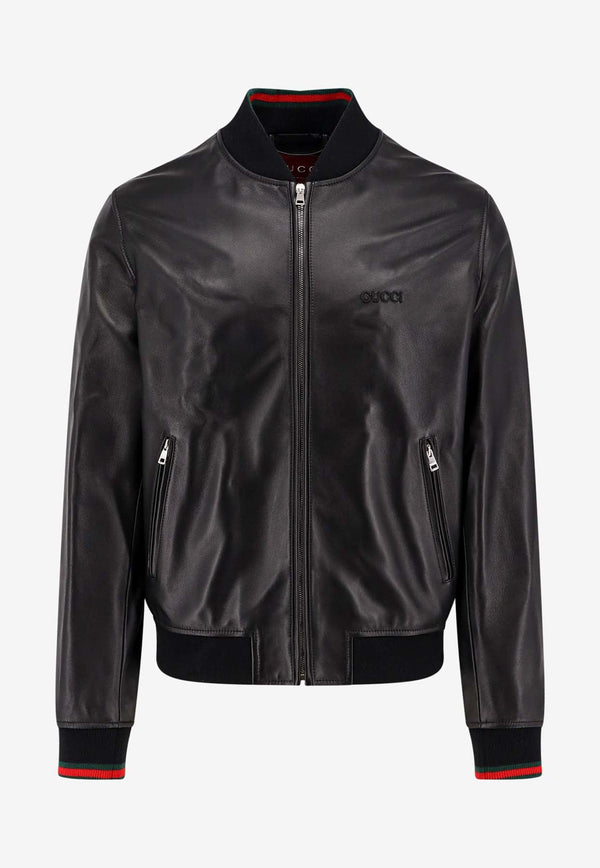 Logo Embroidered Leather Bomber Jacket