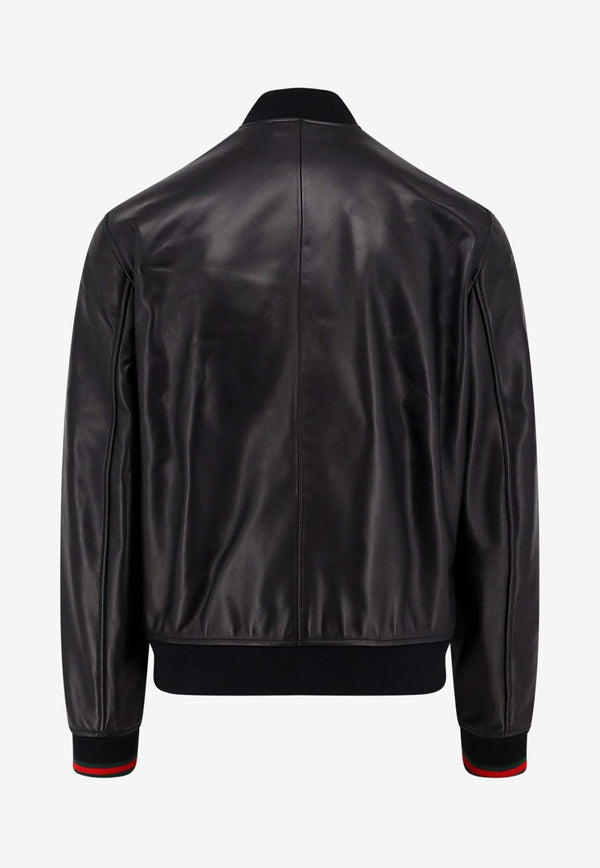 Logo Embroidered Leather Bomber Jacket