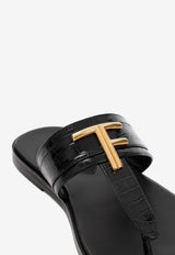 Brighton Croc-Embossed Leather Flat Sandals
