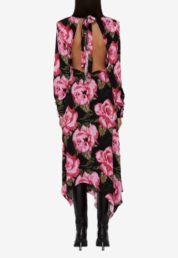 Floral Jacquard Midi Dress with Cut-Out Detail