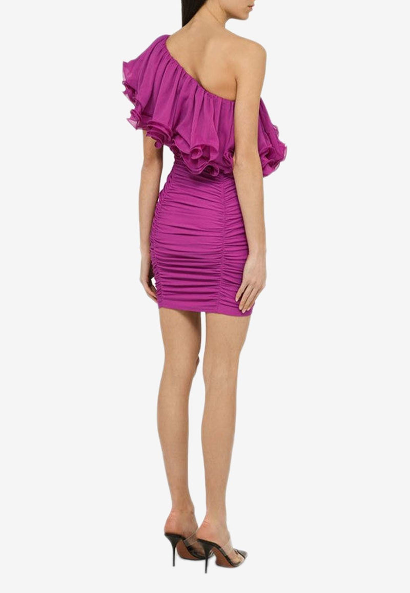 Ruffled-Neck Ruched Mini Dress