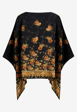 Bird Motif Silk Poncho