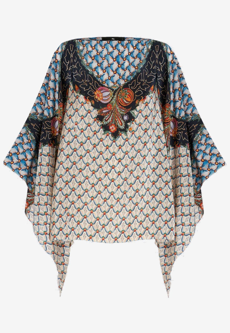 Floral Print Silk Poncho