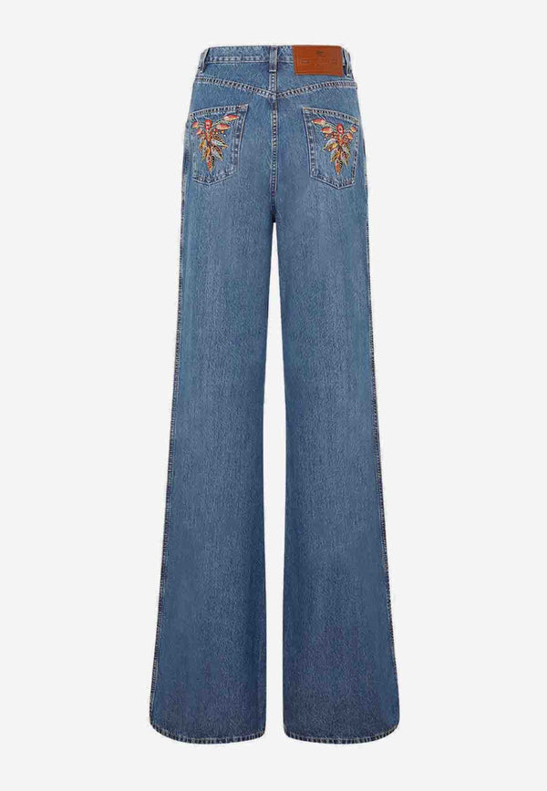 Floral-Embroidered Wide-Leg Jeans