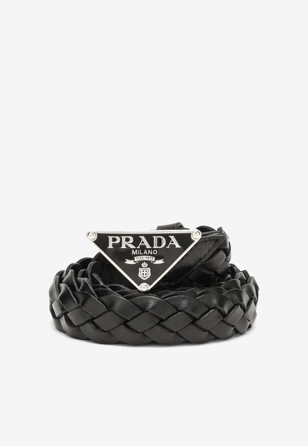 Triangle Logo Buckle Braided Leather Belt