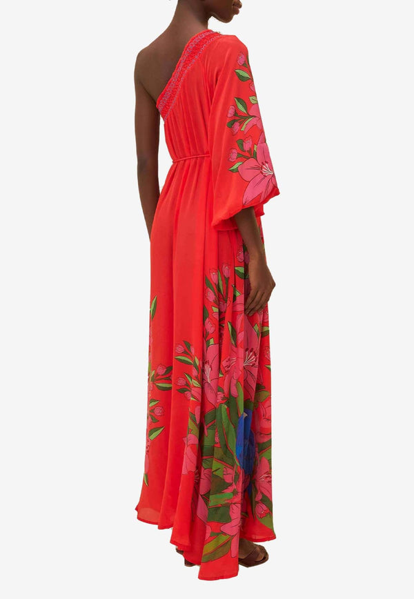 Summer Foliage Scarf One-Shoulder Maxi Dress