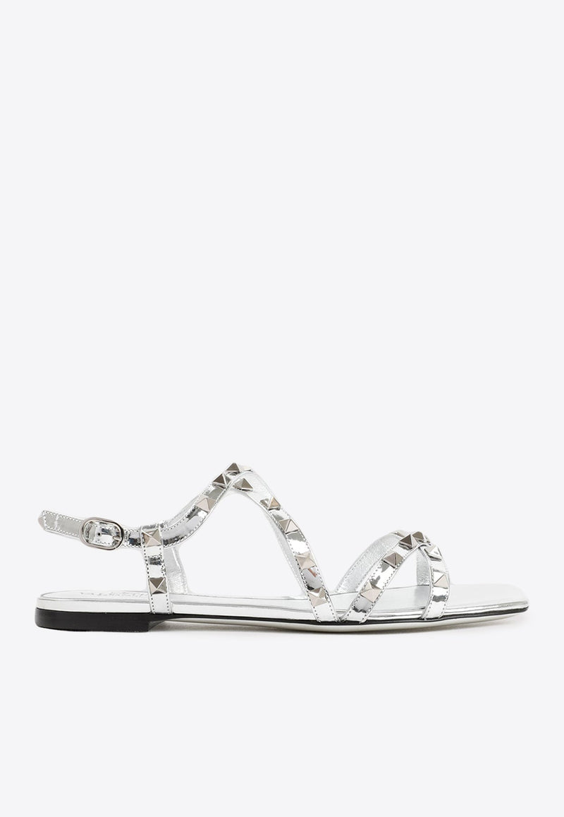 Rockstud Flat Sandals in Mirror-Effect Leather