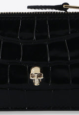 Skull Croc-Embossed Leather Zip Cardholder