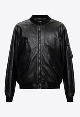 Logo- Engraved Leather Bomber Jacket