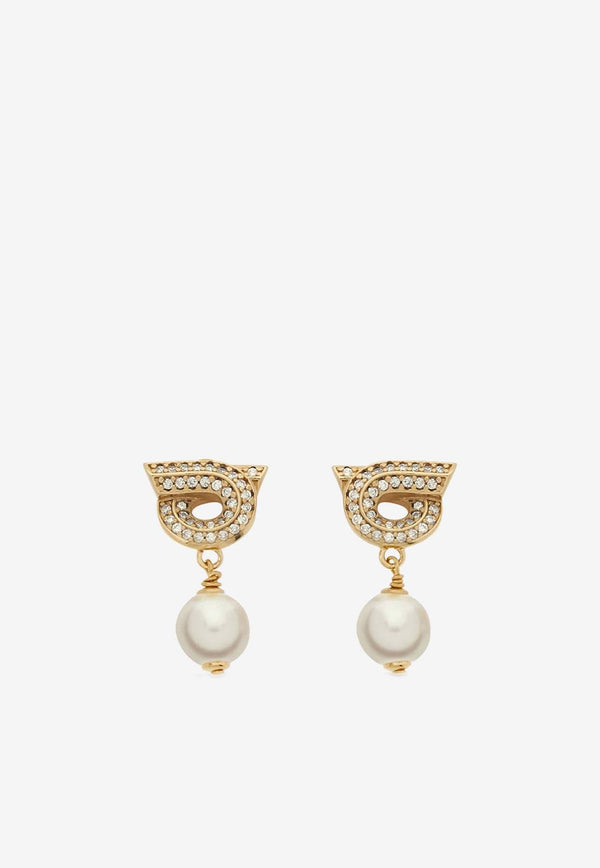 Crystal Embellished Gancini Pearl Drop Earrings