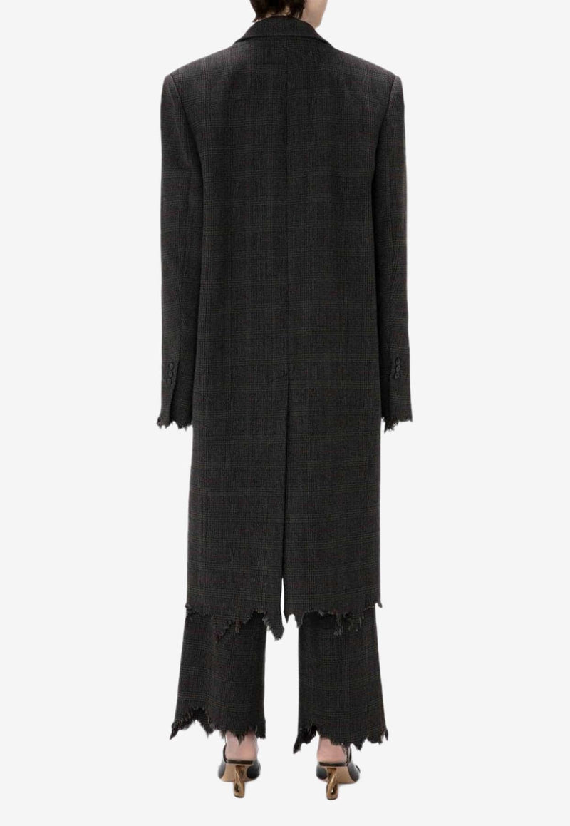 Checked Distressed Long Coat in Wool