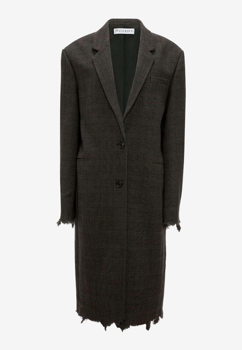 Checked Distressed Long Coat in Wool
