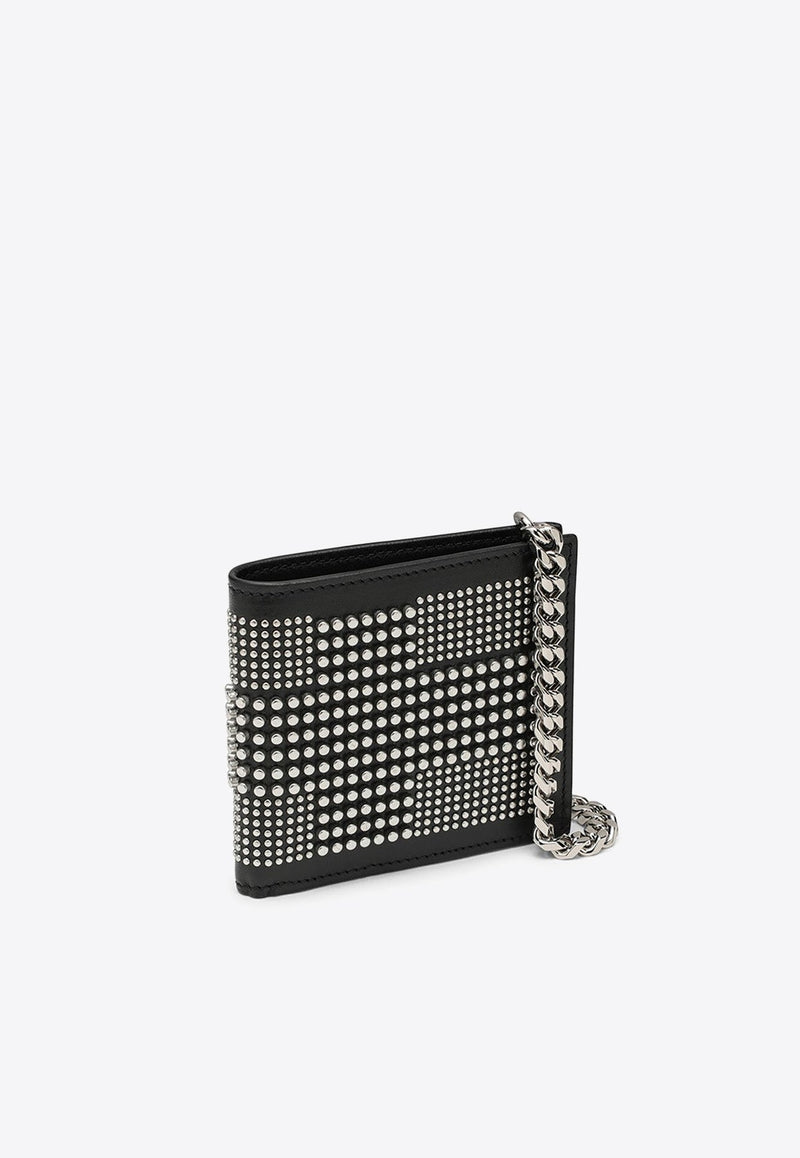 Studded Bi-Fold Leather Wallet with Chain