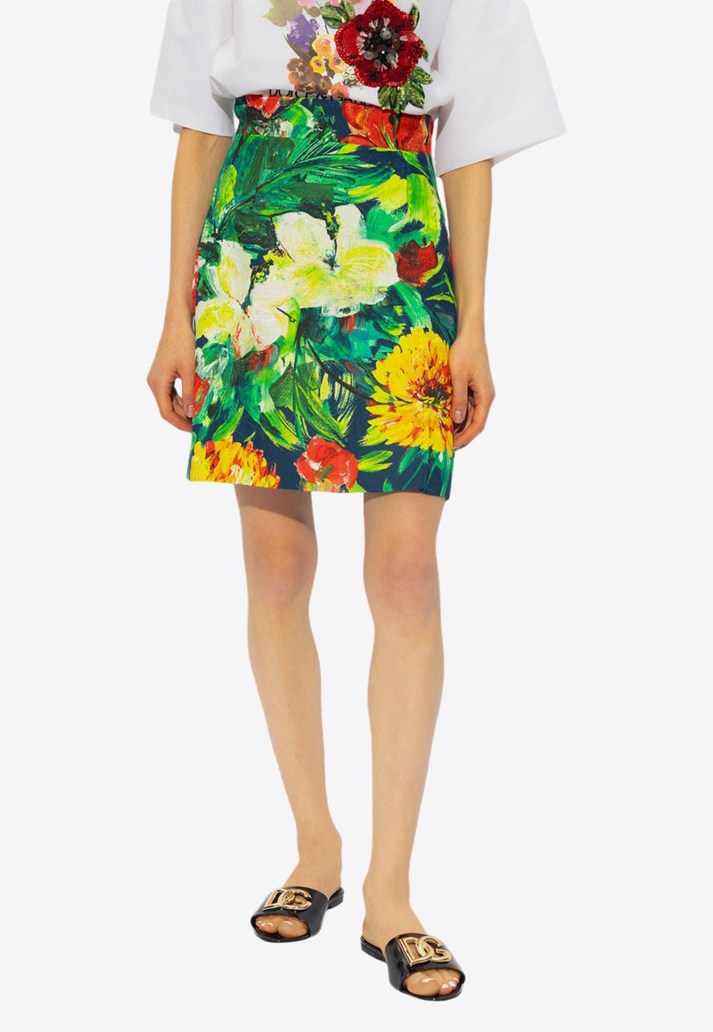 Bloom Print Brocade Mini Skirt