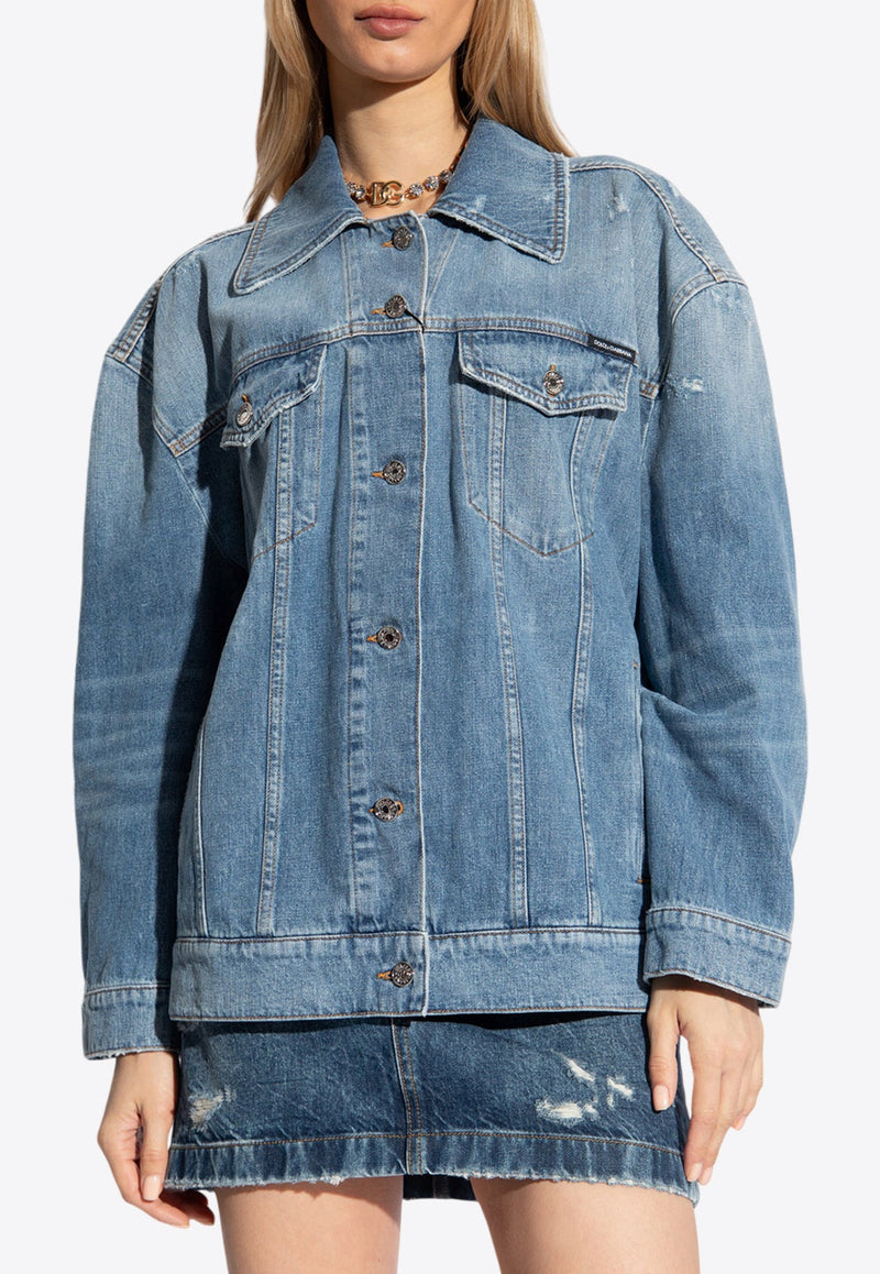 Logo Plaque Distressed Denim Jacket