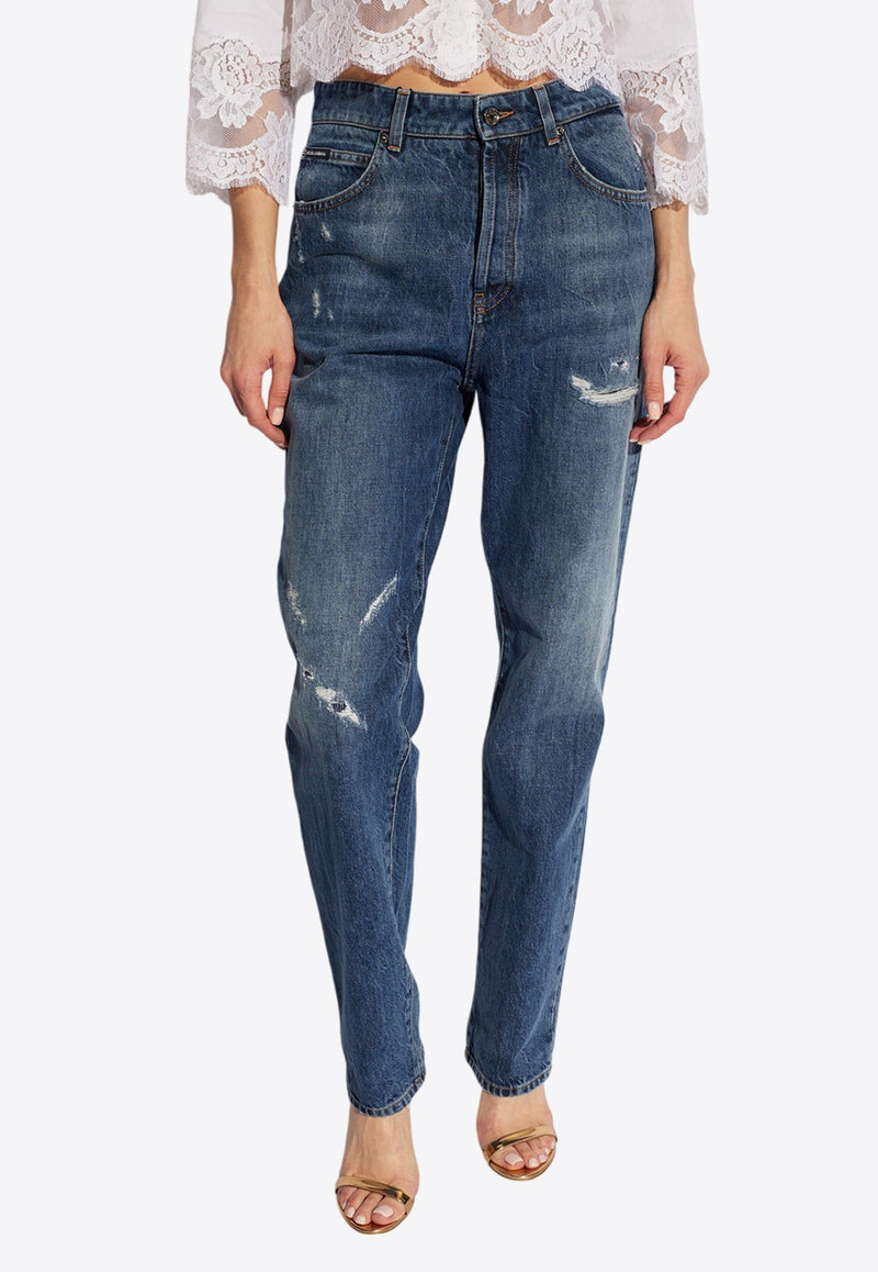 Logo Plaque Distressed Tapered Jeans