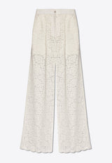 Floral Lace Semi-Sheer Flared Pants