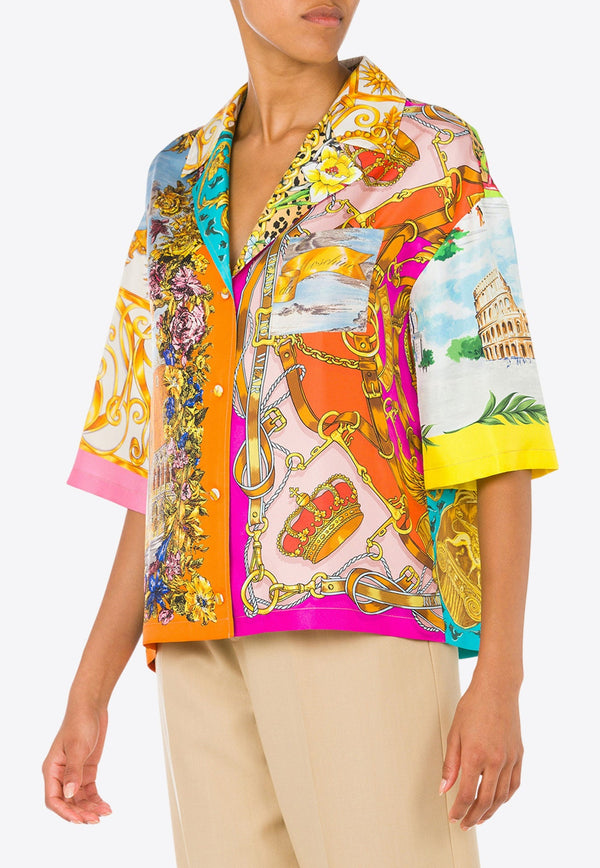 Scarf Print Short-Sleeved Silk Shirt