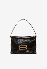 B Buckle Shoulder Bag in Croc-Embossed Leather