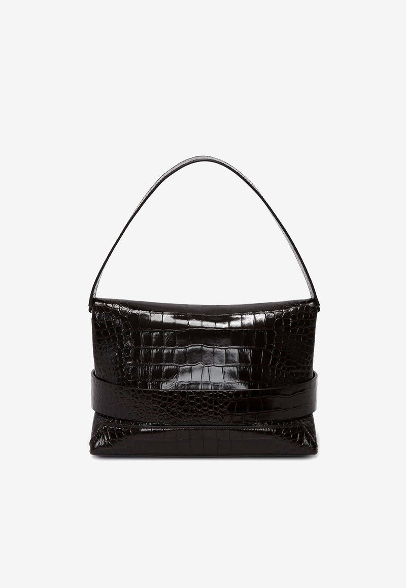 B Buckle Shoulder Bag in Croc-Embossed Leather