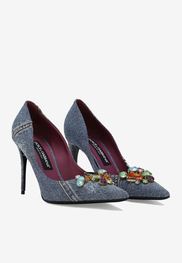 90 Crystal-Embellished Patchwork Denim Pumps