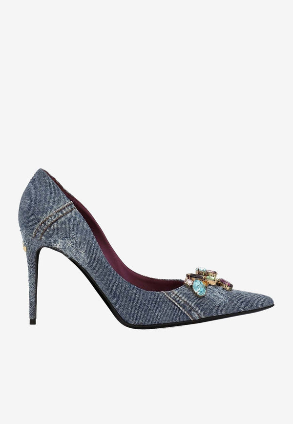 90 Crystal-Embellished Patchwork Denim Pumps