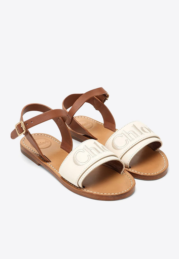 Girls Logo Embroidered Leather Sandals