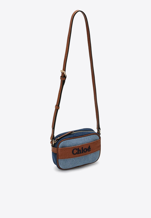 Logo Embroidered Denim Shoulder Bag