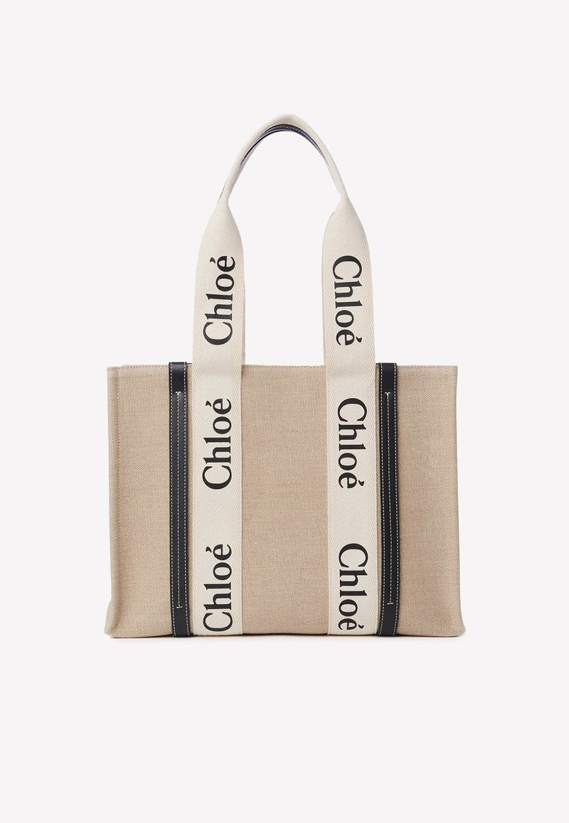 Medium Woody Tote Bag in Linen and Leather