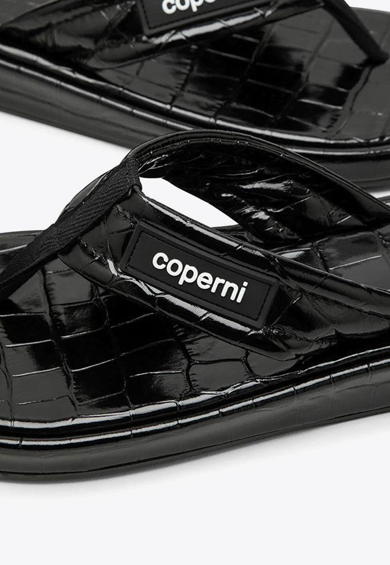 Logo Patch Croc-Embossed Leather Flip-Flops