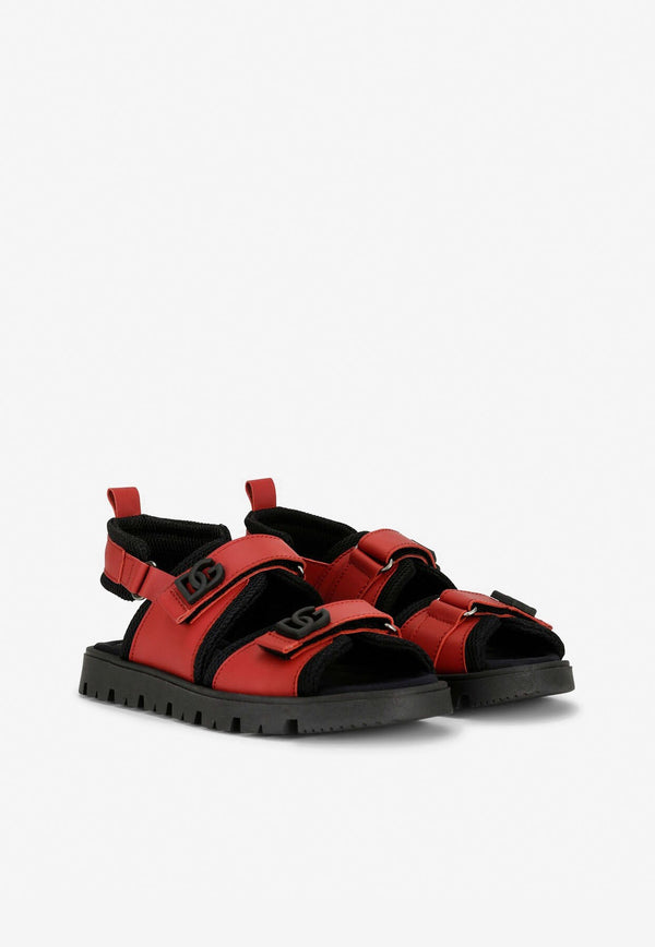 Boys DG Logo Sandals in Calf Leather and Mesh