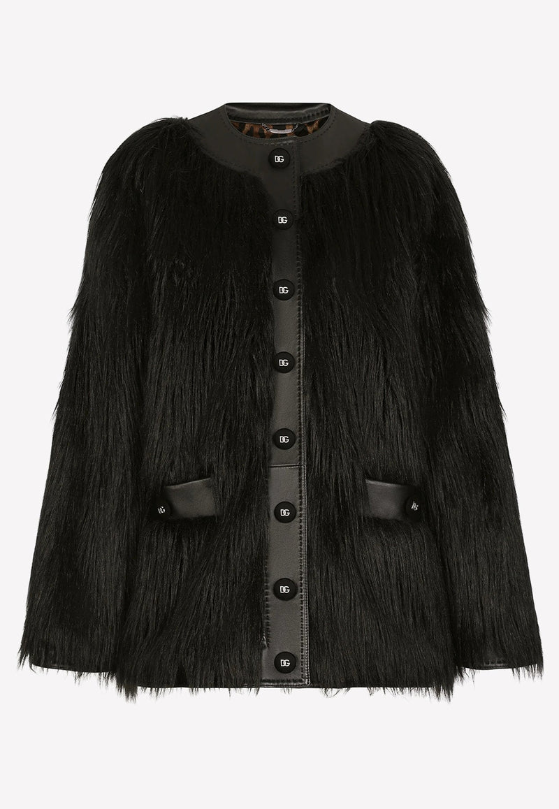 Leather-Trimmed Faux Fur Jacket