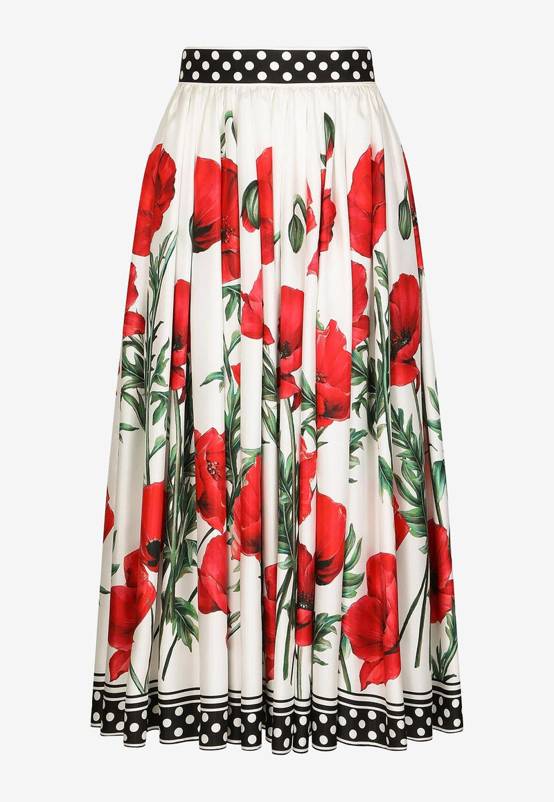 Poppy-Print Midi Silk Skirt