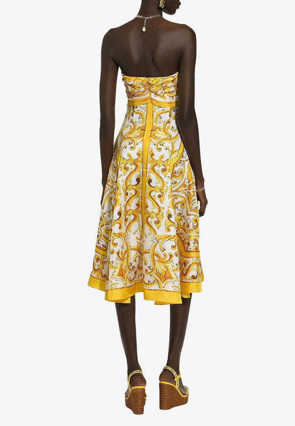 Majolica Print Strapless Silk Midi Dress