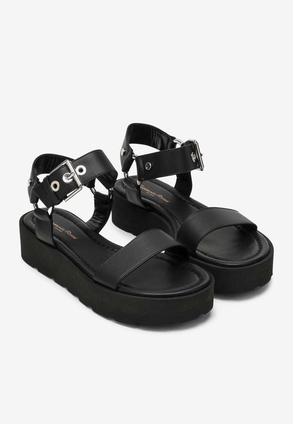 Buckle-Detailed Leather Flatform Sandals