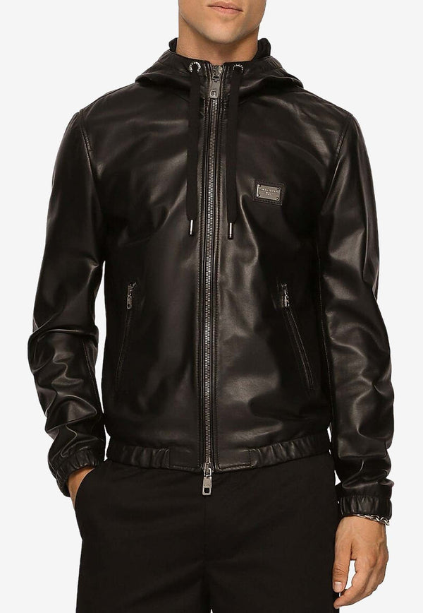 Logo Plaque Hooded Leather Jacket