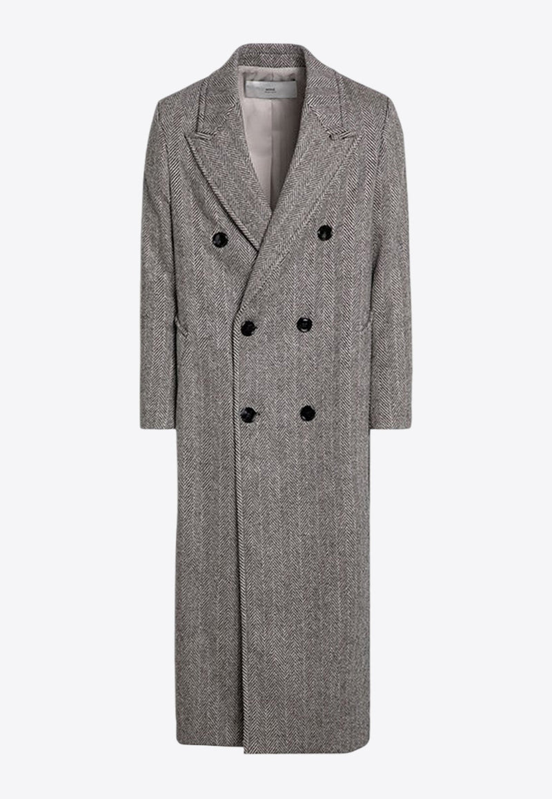 Double-Breasted Herringbone Wool Coat