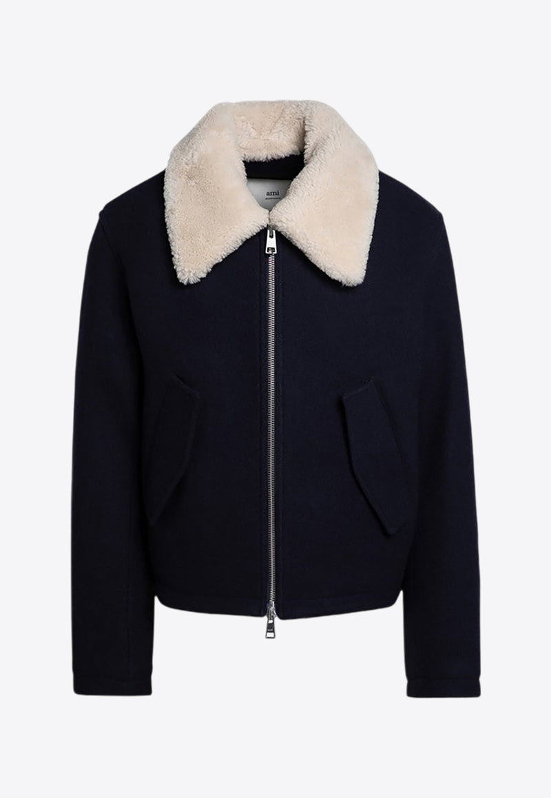 Shearling-Collar Wool Cropped Jacket