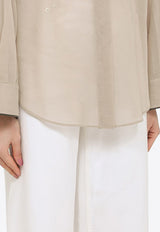 Semi-Sheer Long-Sleeved Shirt with Shiny Cuff-Trim