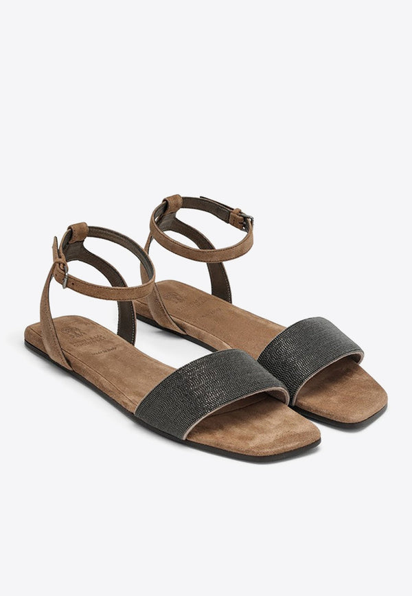 Monili-Embellished Suede Sandals