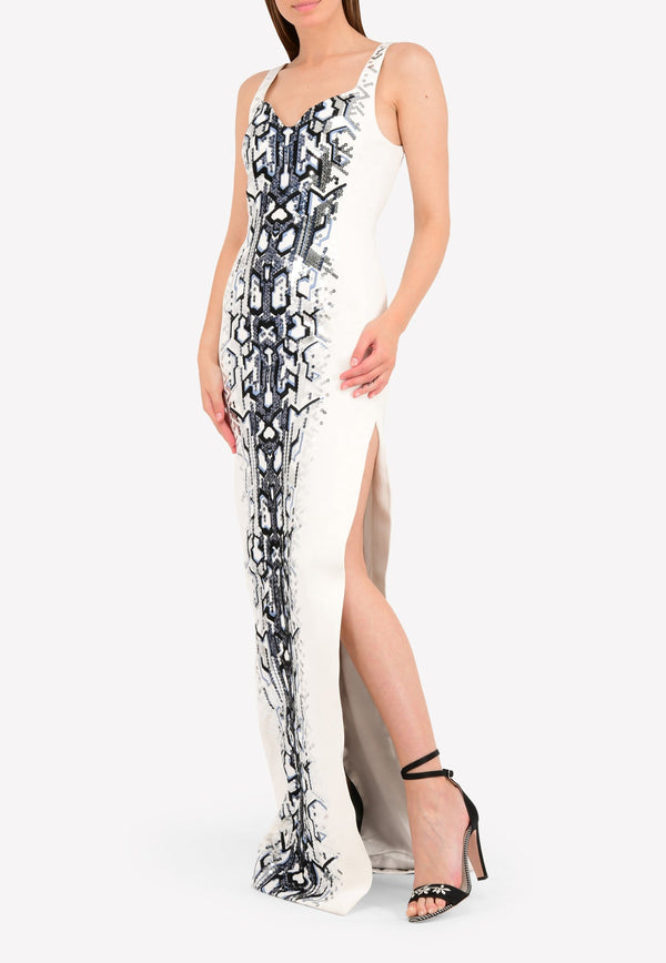 Sequin Slit Embroidered Column Gown