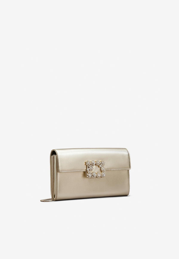 Crystal Flower Buckle Clutch in Metallic Leather