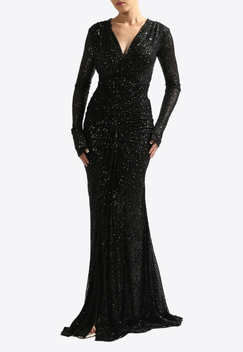 Gathered V-neck Sequined Gown