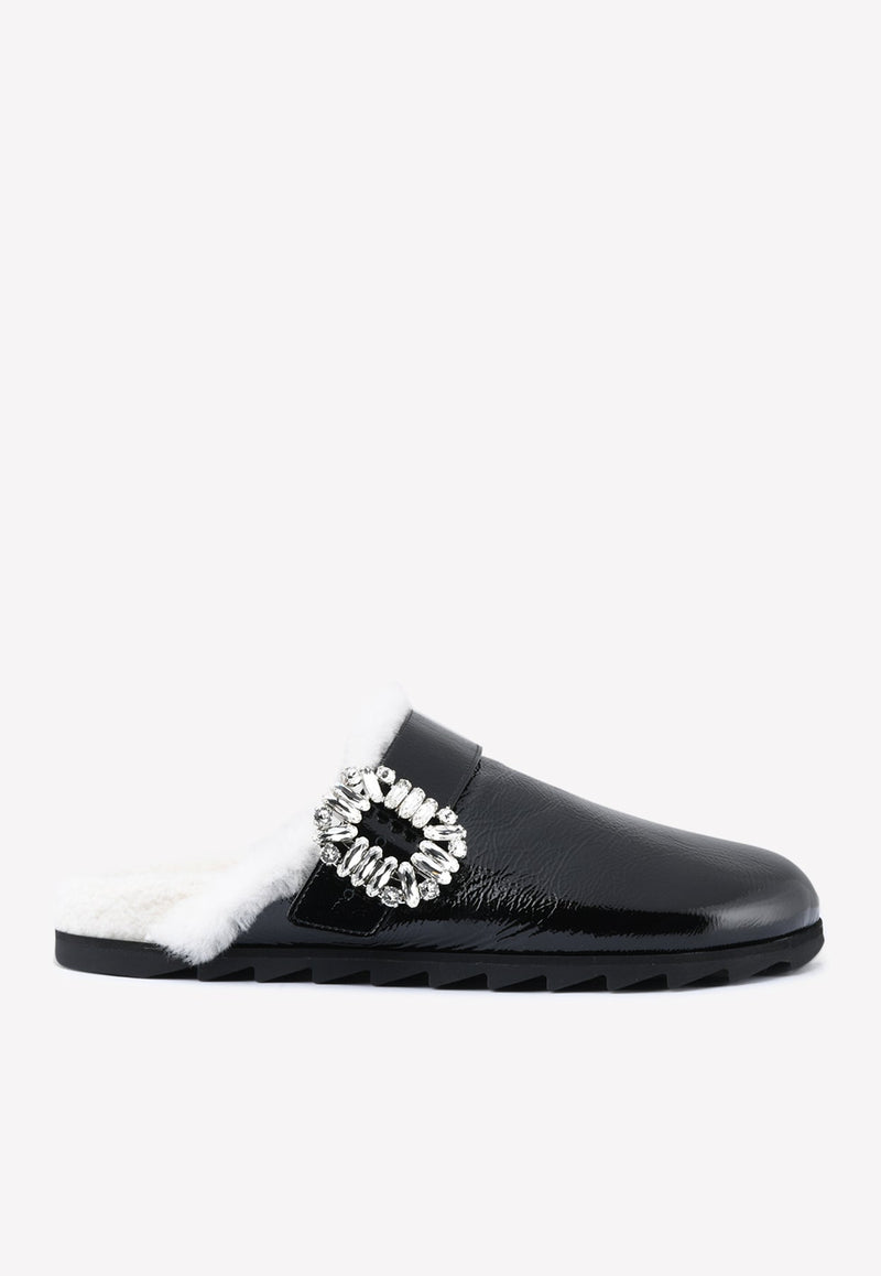 Slidy Viv' Crystal Buckle Shearling Mules