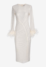 Crystal Mesh Feather-Trimmed Midi Dress