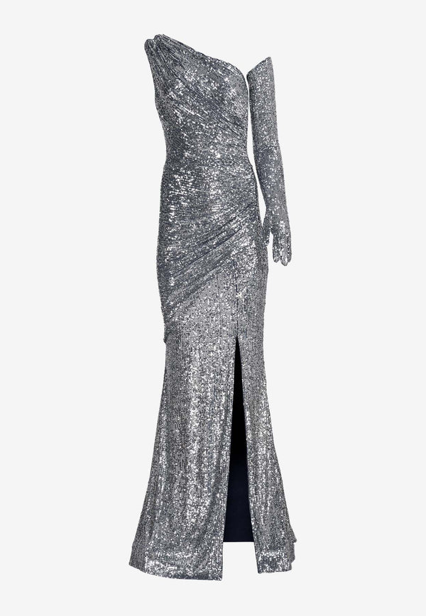 One-Shoulder Sequined Gown with Gloves