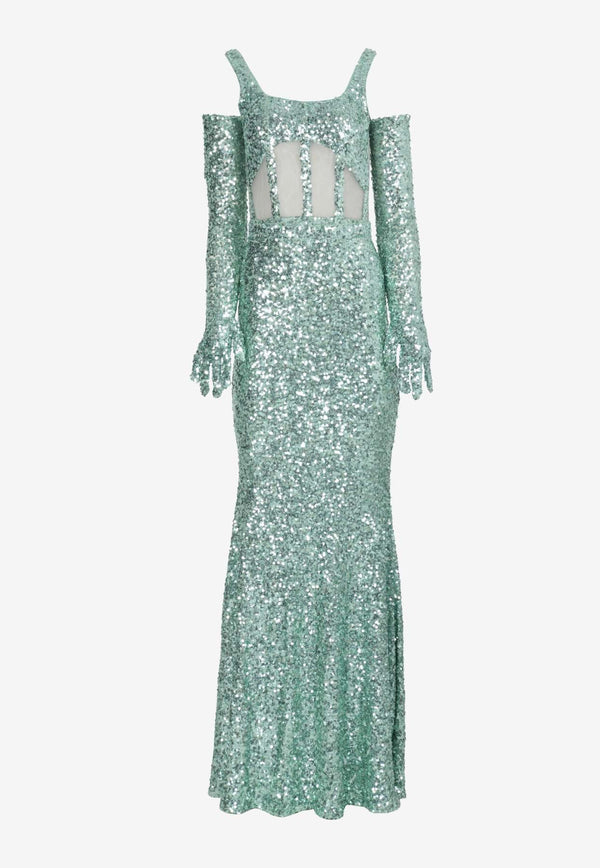 Sheer-Panel Sequined Gown with Gloves
