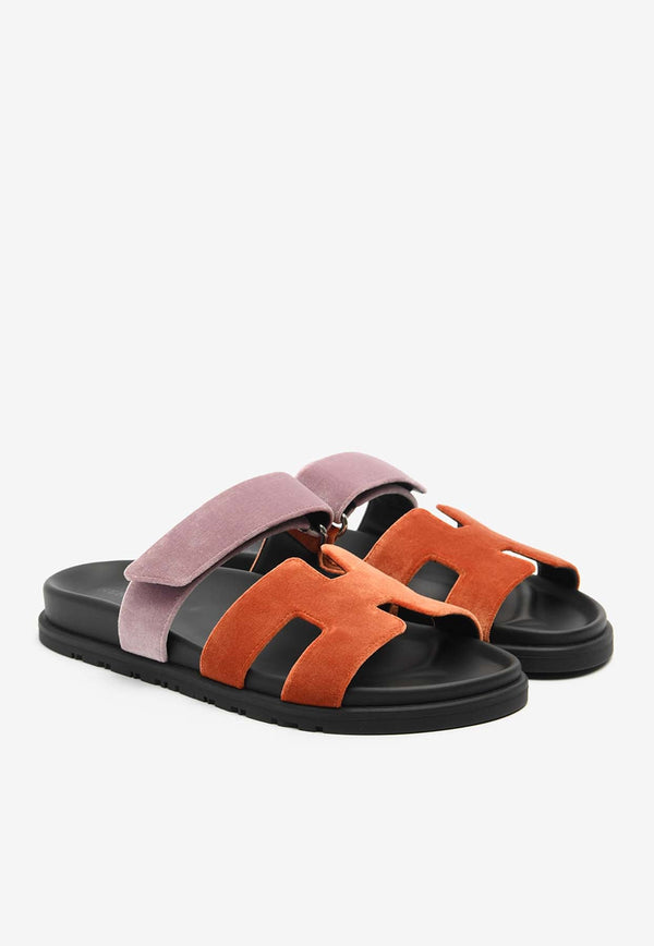 Chypre Sandals in Orange Canyon and Bruyere Velvet