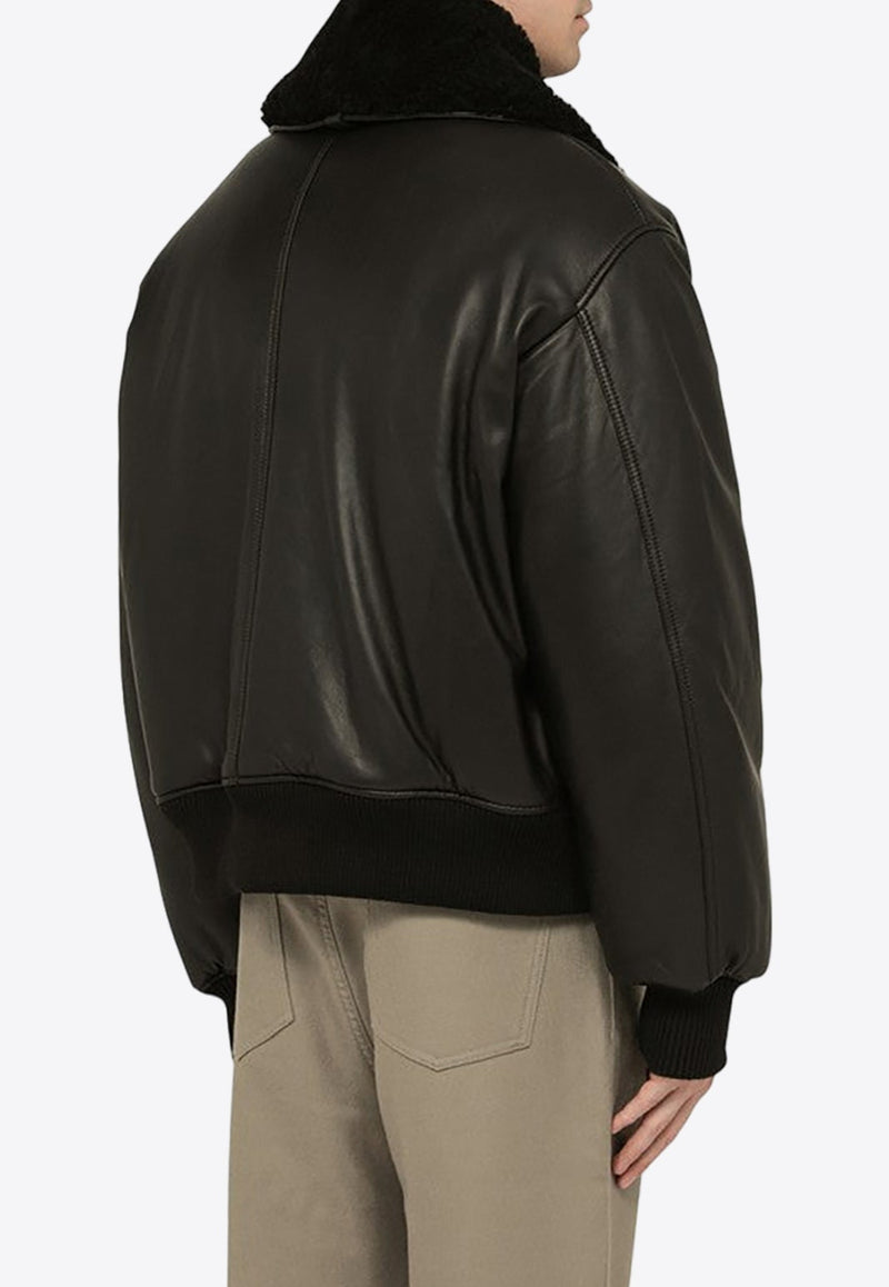 Shearling-Collar Leather Bomber Jacket
